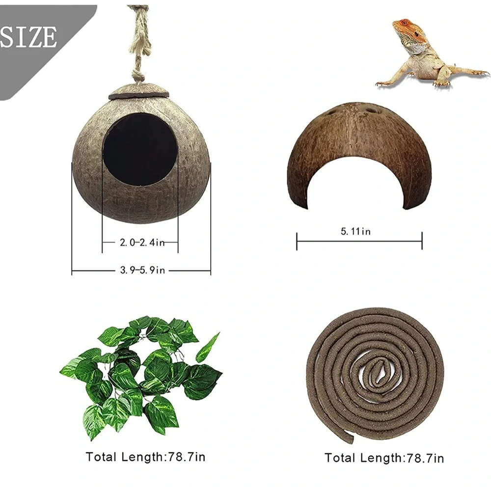 Gecko Coconut Husk Hut Lizard Coco Den Leopard Gecko Tank Accessories (5 Pcs)